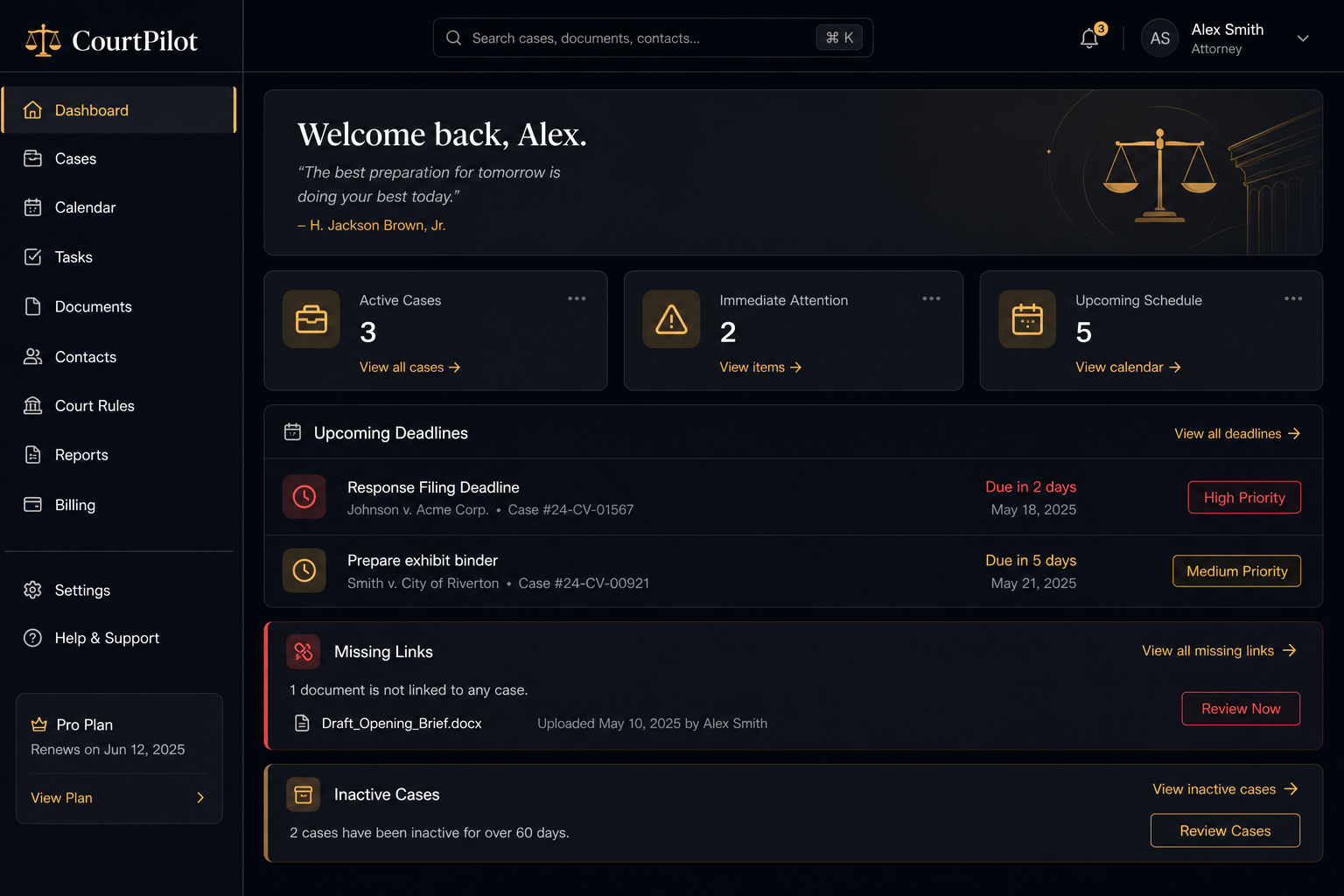 CourtPilot dashboard showing active cases, upcoming deadlines, and tasks